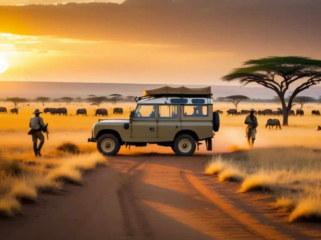 Tras los pasos de Livingstone: Expediciones en el corazón de África, exploradores junto a un Land Rover retro en la savannah africana al atardecer