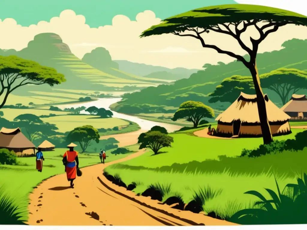 Ilustración vintage de paisaje africano con vegetación exuberante, río serpenteante y aldea tradicional