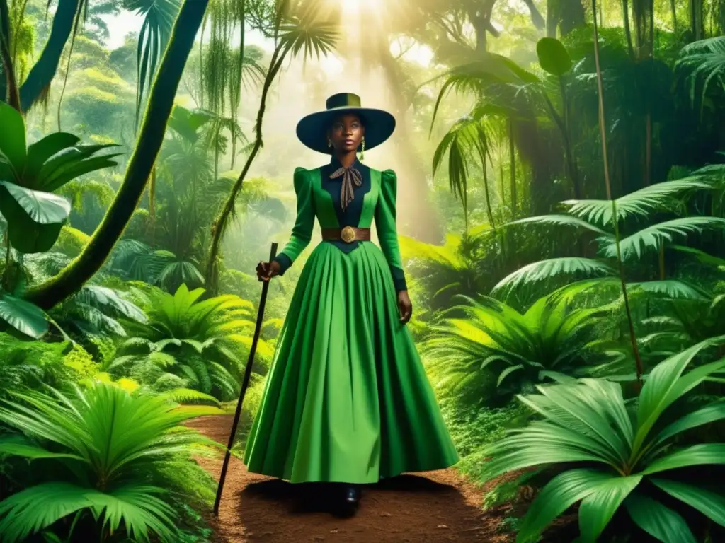 Mary Kingsley: De alta sociedad a selvas de África- Mujer valiente en jungla exuberante, cascada majestuosa y aves coloridas