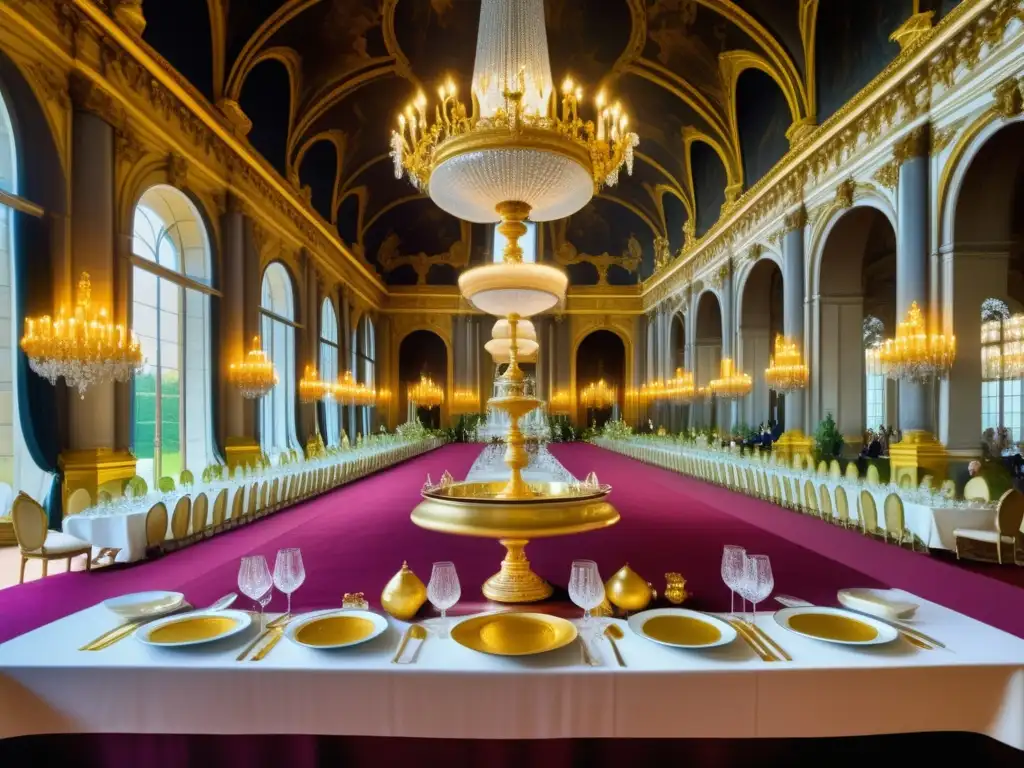 Opulenta ilustración vintage de la corte de Luis XIV en el Palacio de Versalles, con mesa de banquete adornada con plata, cristalería y porcelana