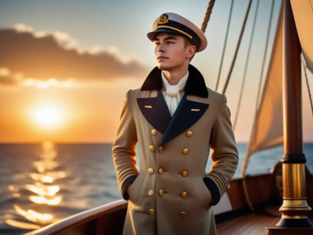 Aleksandr Baranov en un barco de vela, mirando al horizonte con montañas nevadas al fondo