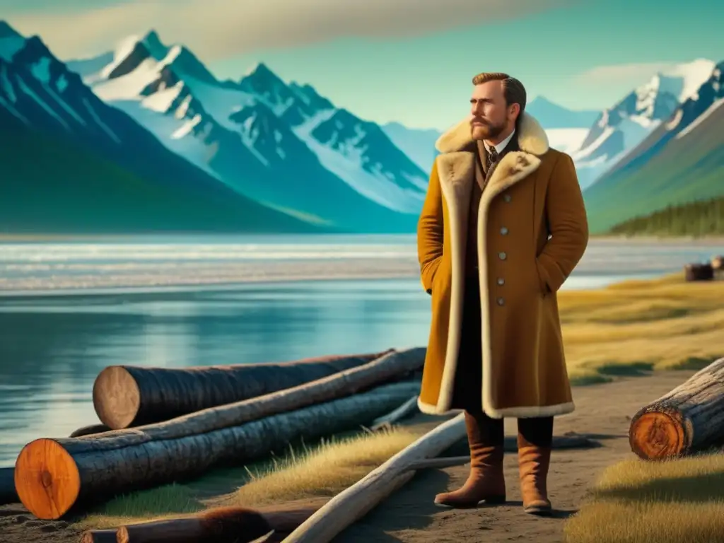 Aleksandr Baranov en la vibrante Alaska: un retrato vintage con paisaje majestuoso y asentamiento ruso