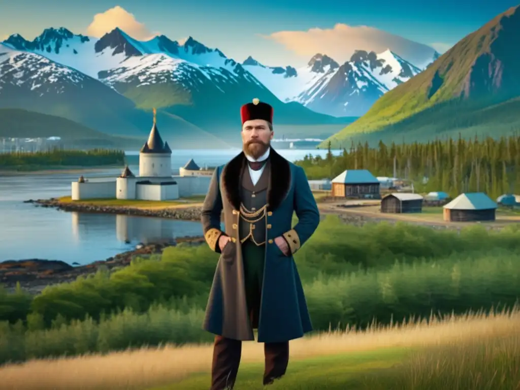 Aleksandr Baranov lidera colonización de Alaska, rodeado de paisajes montañosos y una fortaleza rusa