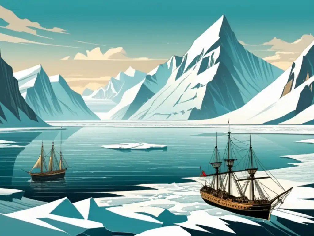 Ilustración vintage del paisaje ártico con montañas nevadas y un barco atrapado en el hielo