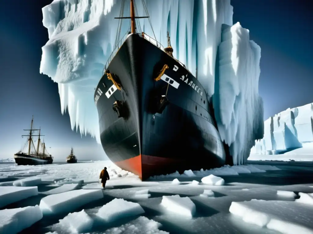 Fotografía en blanco y negro del barco 'Endurance' atrapado en el hielo antártico