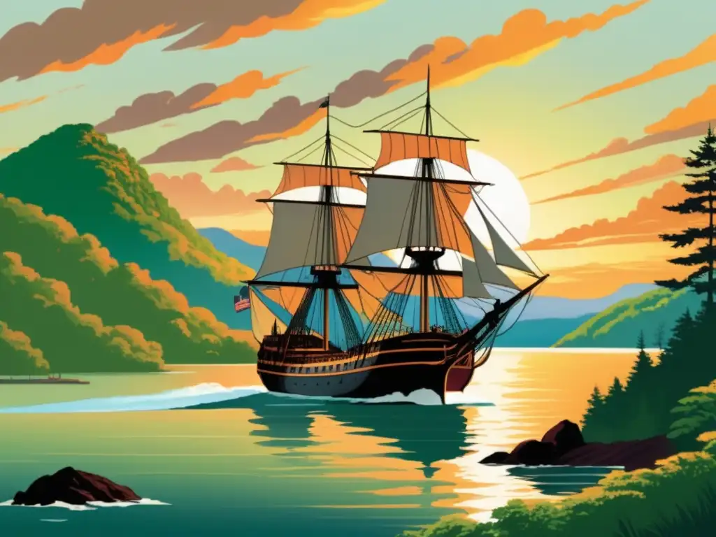 Ilustración vintage de la expedición de Henry Hudson, con un barco de madera navegando hacia la bahía, rodeado de bosques y montañas