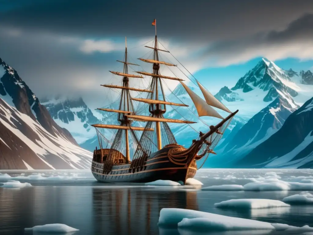 Descubriendo los secretos del Pacífico con James Cook: una imagen épica de un antiguo barco de madera navegando por aguas heladas de Alaska y Siberia