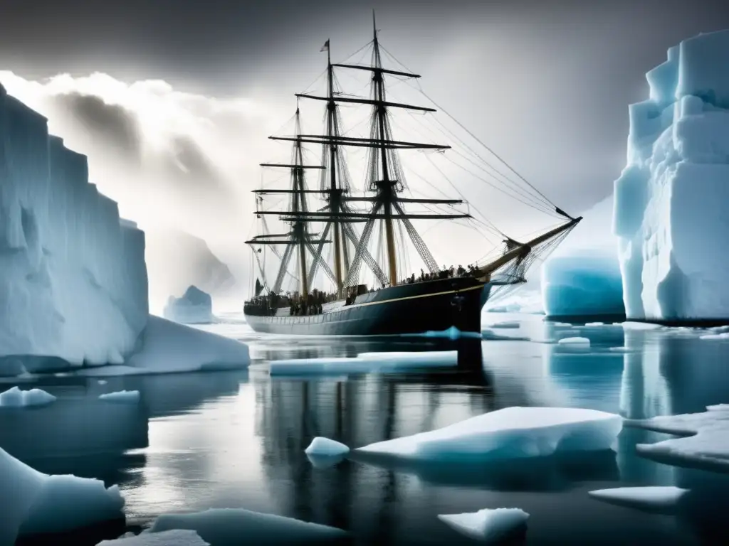 Escena dramática del barco Endurance navegando en la Antártida - Ernest Shackleton: Una Lección de Supervivencia en la Antártida