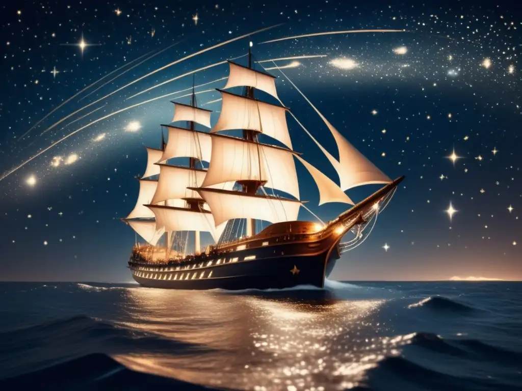 Navegación estelar en una imagen vintage de la noche estrellada con un majestuoso barco y su tripulación