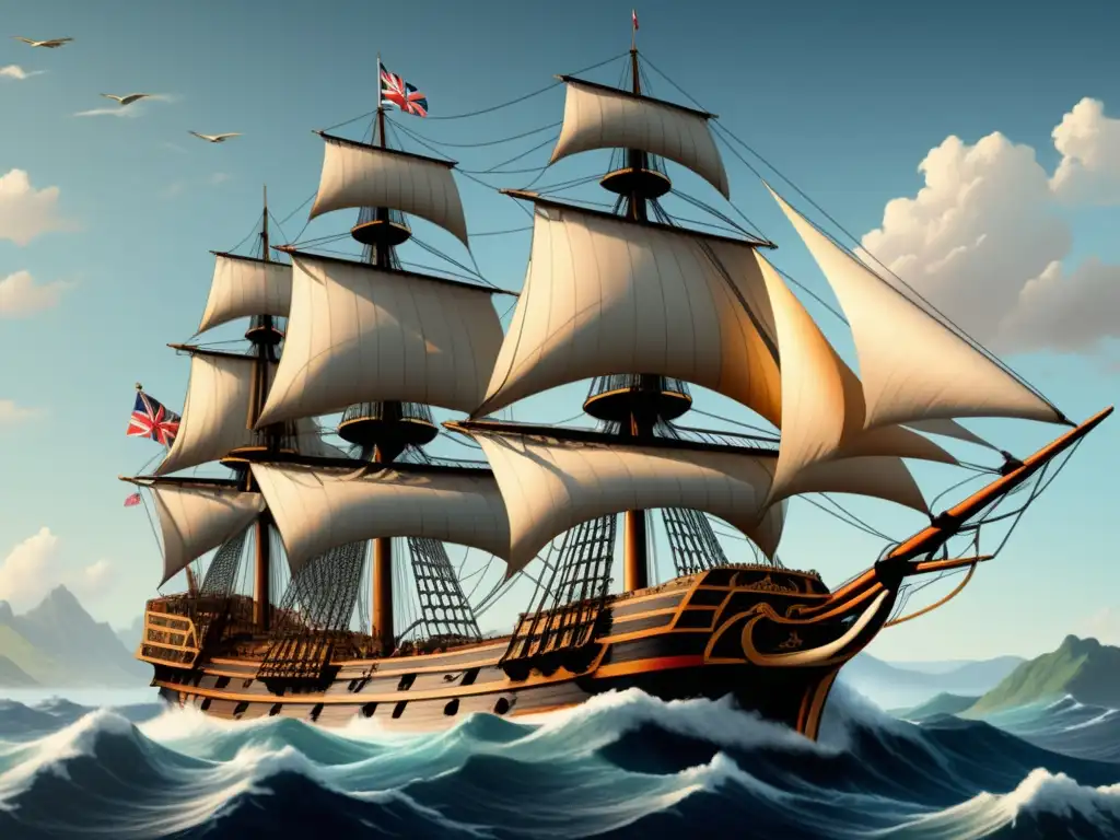 Ilustración detallada del barco HMS Endeavour navegando por el Pacífico, destacando la contribución de James Cook a la exploración