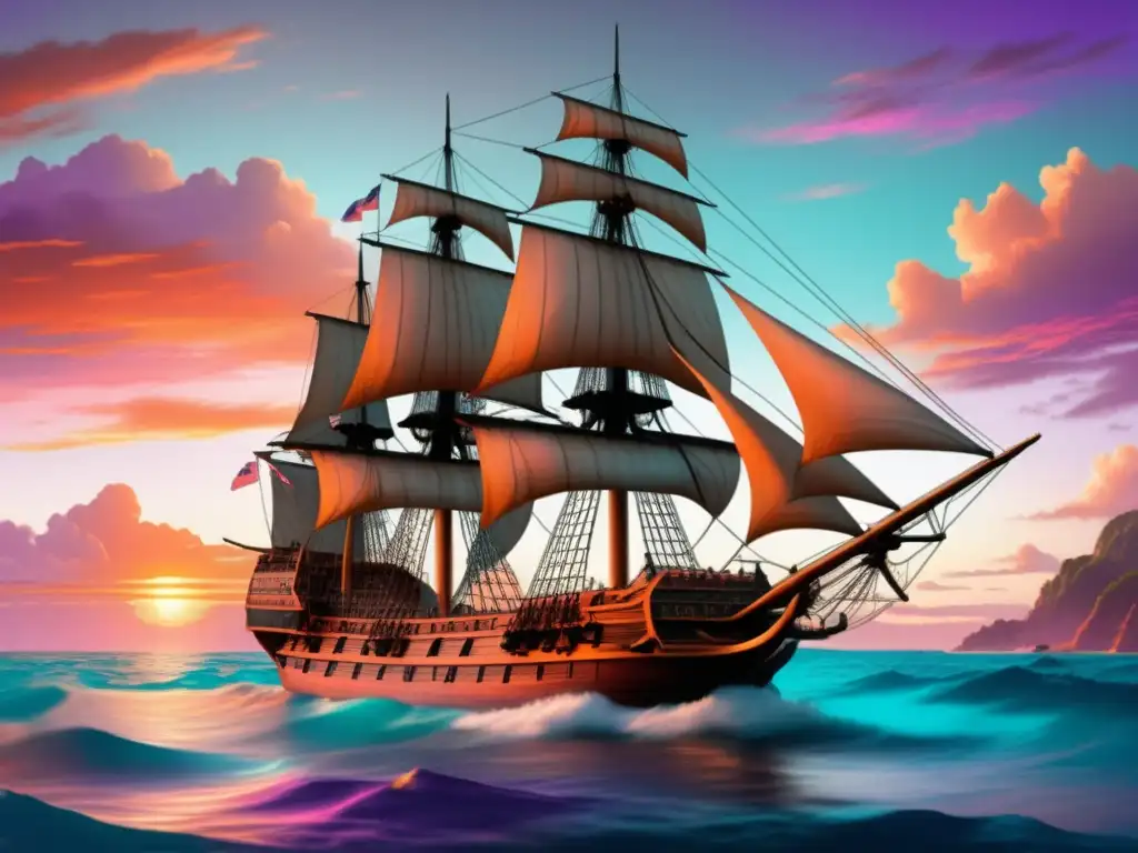 Imagen: Expedición James Cook en el Pacífico, HMS Endeavour navegando en aguas turquesas con atardecer impresionante