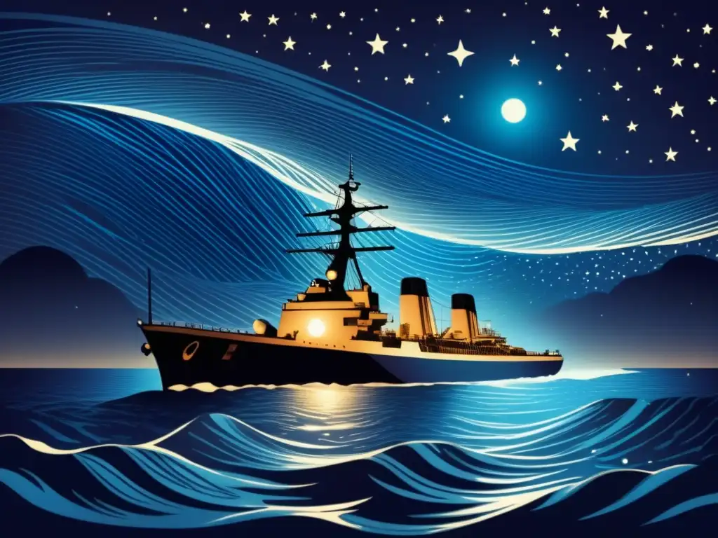 Buque naval vintage en aguas agitadas bajo una noche estrellada Navegación naval con radar y sonar: Exploración y belleza en el océano
