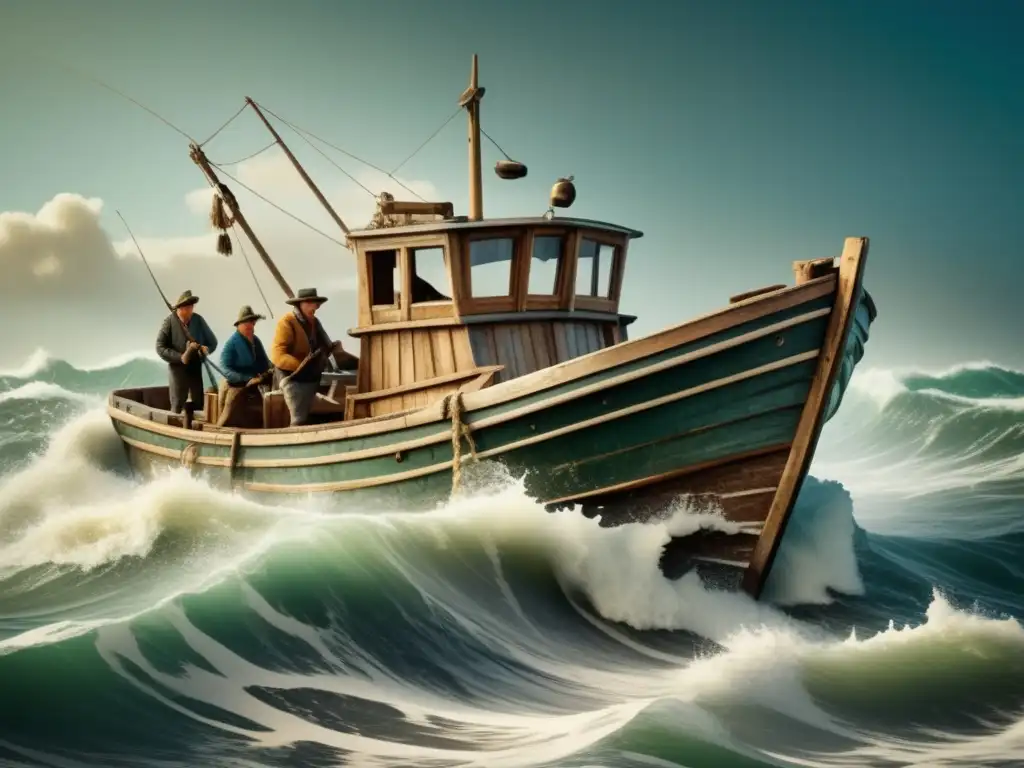 Barco pesquero vintage en aguas turbulentas Barcos de pesca históricos navegando en aguas turbulentas