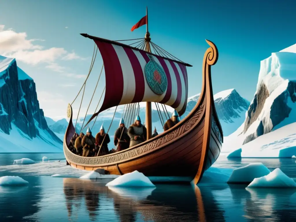 Rutas Vikingas: Longship explorando aguas árticas con montañas nevadas y auroras boreales