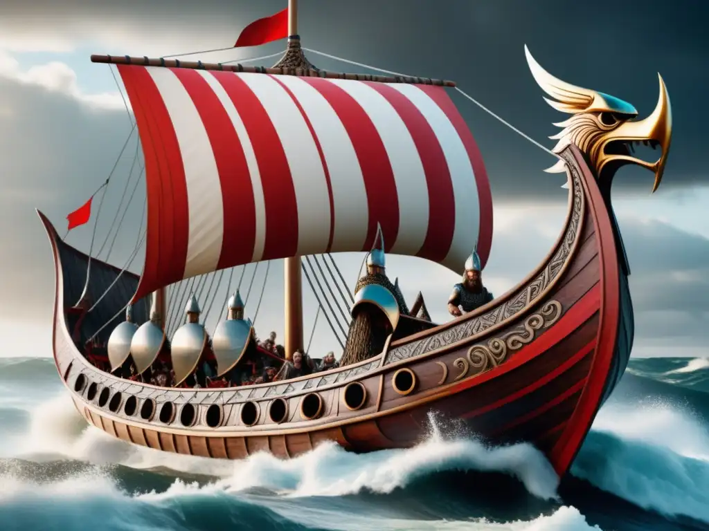 Conquista Vikinga: Embarcación vikinga navegando en aguas turbulentas, tripulada por guerreros feroces con cascos de cuernos y armaduras de malla