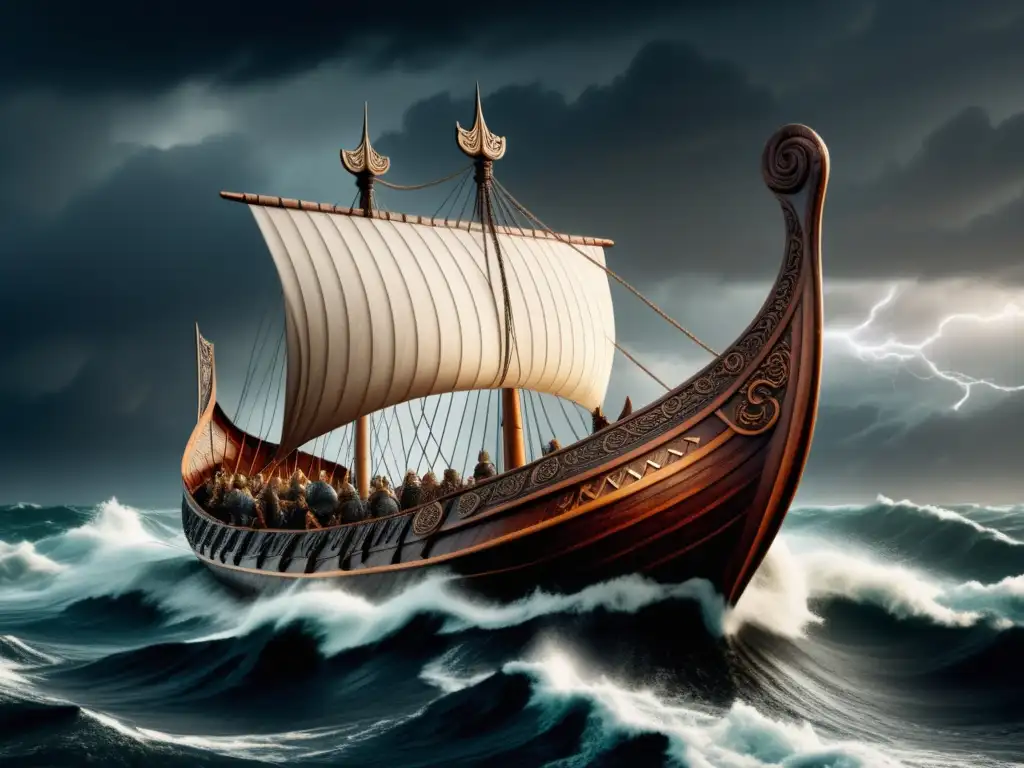 Imagen de un barco vikingo en una tormenta en el mar, con detalle y estilo vintage - Expediciones vikingas de la Edad Media