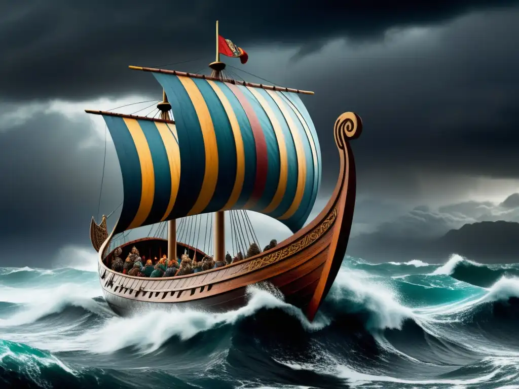 Imagen detallada de una embarcación vikinga navegando en mares turbulentos, con nubes oscuras y escudos coloridos