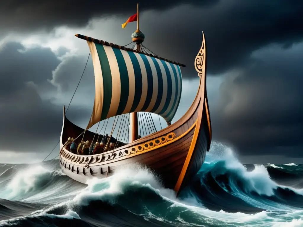 Vikingos en un navío, con escudos coloridos, en mares tormentosos, bajo nubes oscuras