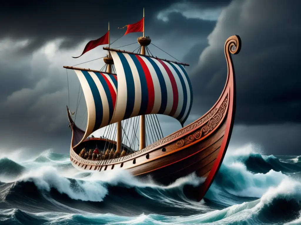 Conquista vikinga: Navío vikingo en mares tempestuosos, con cabezas de dragones talladas, marineros decididos y costa rocosa