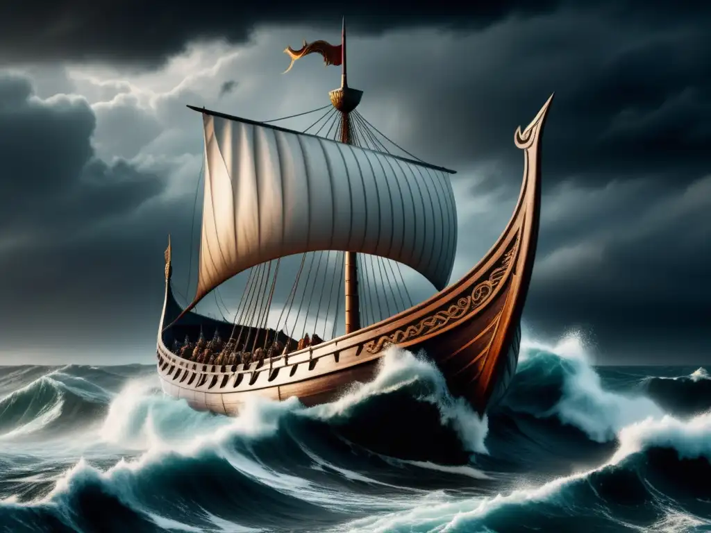 Longship vikingo en el mar, con temible cabeza de dragón, nubes oscuras y olas poderosas