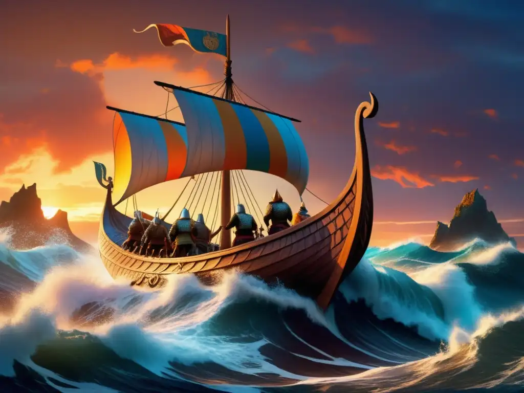 Vikingos en barco con olas y atardecer: La Era Vikinga: Cómo sus Expediciones Modelaron el Mundo