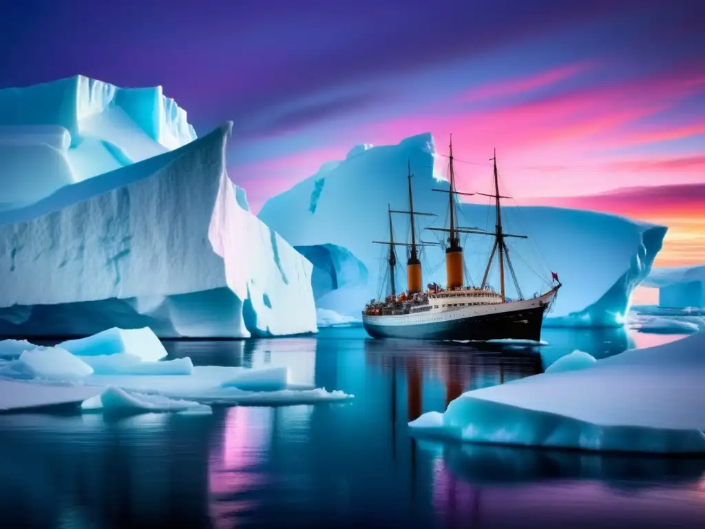 El Endurance: Barco icónico navegando en la Antártida rodeado de icebergs y un cielo impresionante