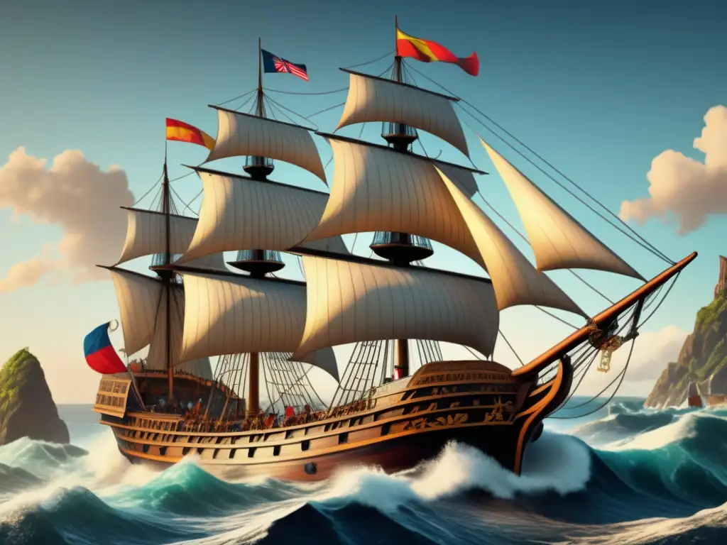 Ilustración vintage de un majestuoso barco de vela navegando con intrincados detalles y tripulación vestida de época