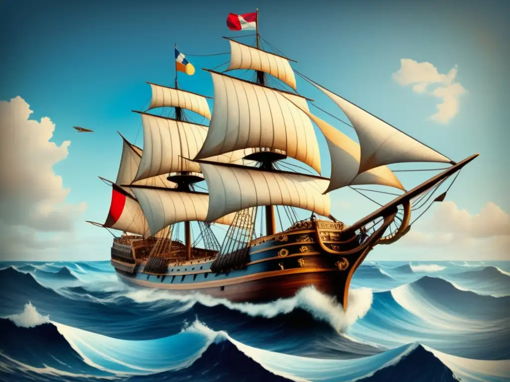 Barco antiguo navegando en el océano Brújula magnética: herramienta clave en navegación oceánica