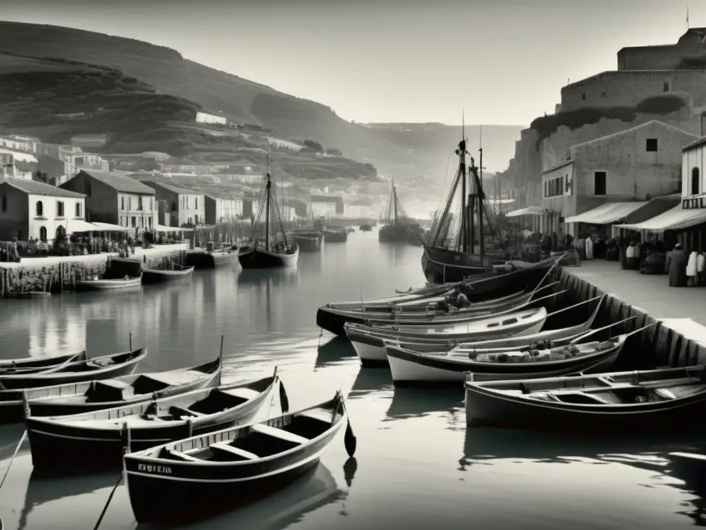 Barcos de pesca en puerto vintage Barcos de Pesca en la Historia: Una imagen detallada en blanco y negro muestra un puerto pesquero animado en los años 1900