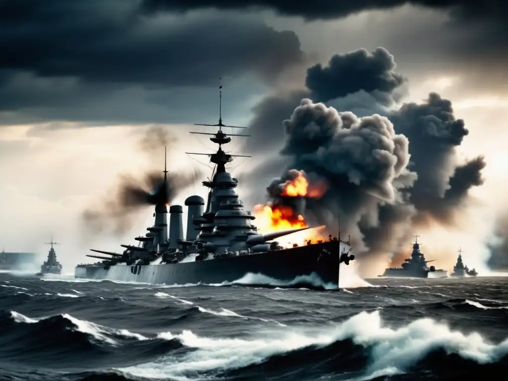 Batalla épica del Bismarck en su final Bismarck: épica batalla naval contra enemigos, escenario dramático, valentía de la tripulación y determinación en conflicto histórico
