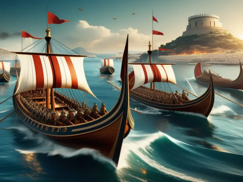 Batalla naval épica en la antigua Grecia Las Naves de la Antigua Grecia: Triremes y Quinquerremes en una batalla naval histórica