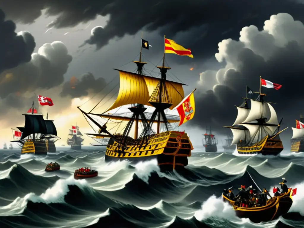 La Armada Invencible: Batalla épica entre España e Inglaterra en el Canal de la Mancha, con galeones, clima desafiante y estrategias navales