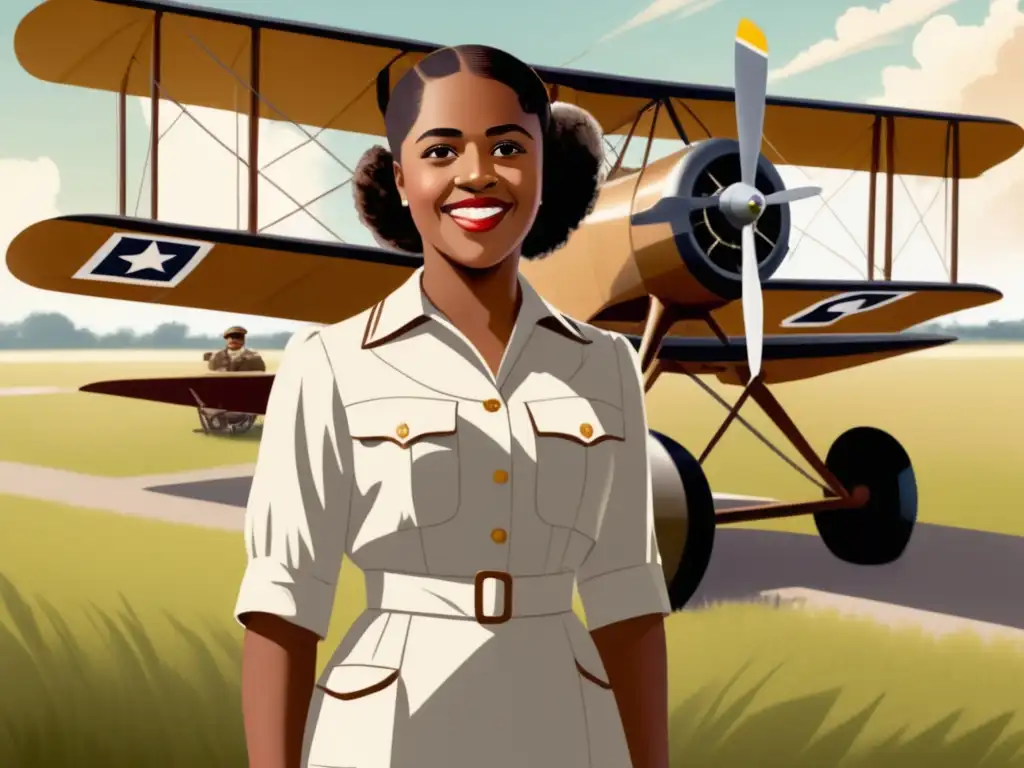 Bessie Coleman, la primera mujer afroamericana en volar, en un campo soleado con un avión de fondo