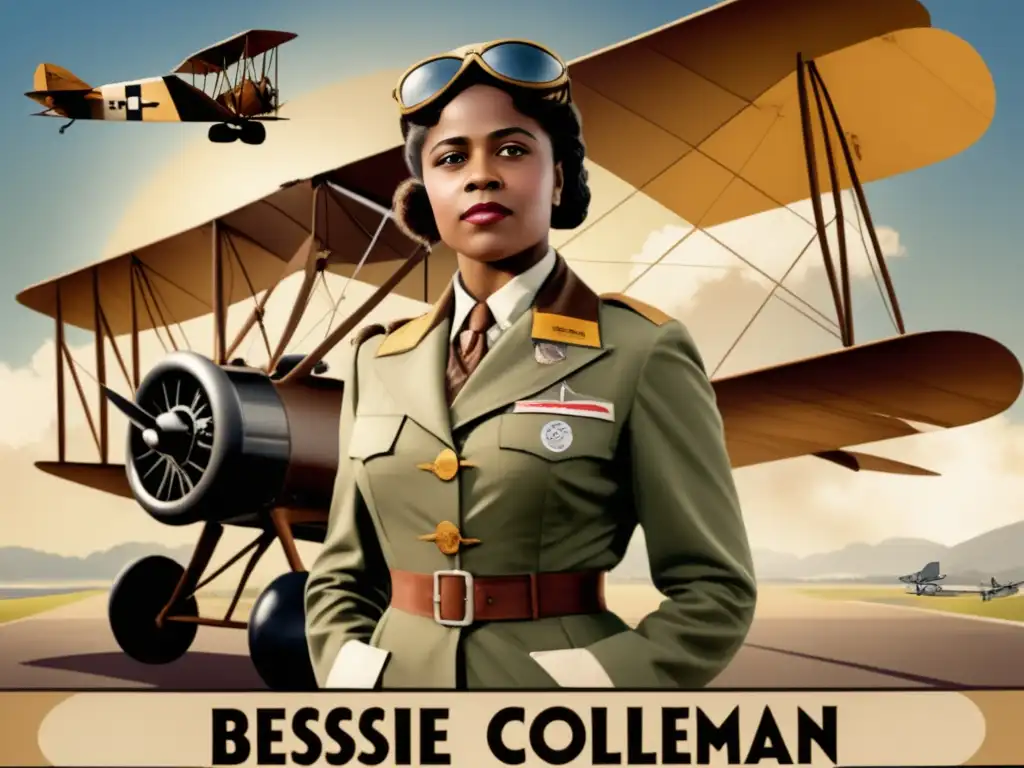Bessie Coleman: Aviadora Pionera en su traje vintage, junto a su biplano y viejo aeródromo