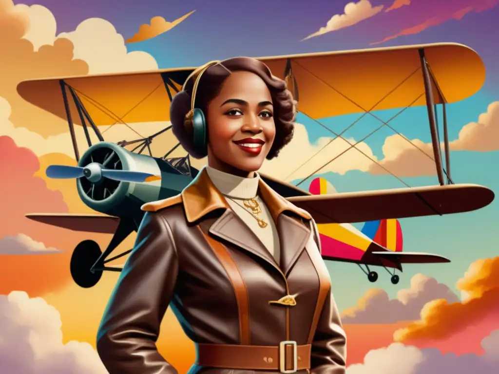 Bessie Coleman, pionera de la aviación, lista para volar en un biplano vintage