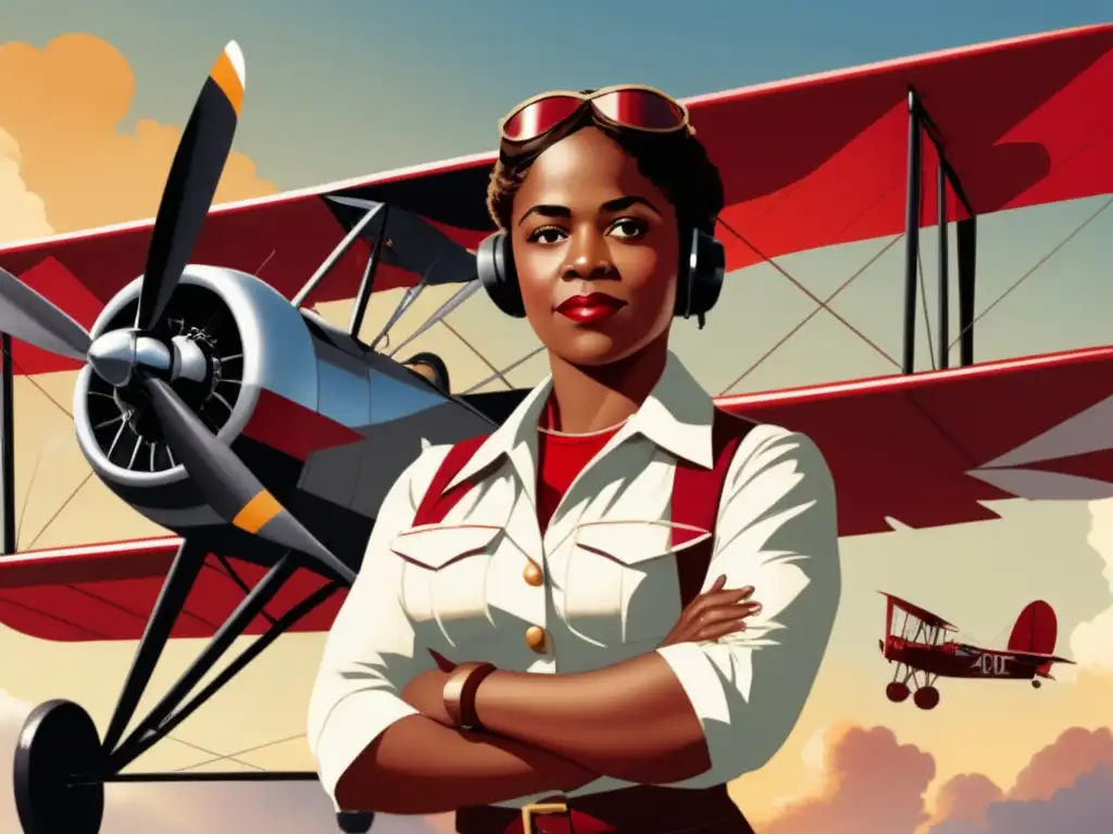 Bessie Coleman, pionera aviadora, frente a un biplano rojo, expresión decidida, cielo azul y nubes blancas