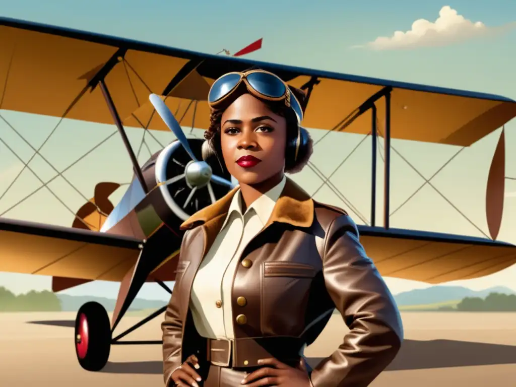 Bessie Coleman: pionera aviatoria africana americana en un biplano vintage frente a un cielo azul con nubes blancas