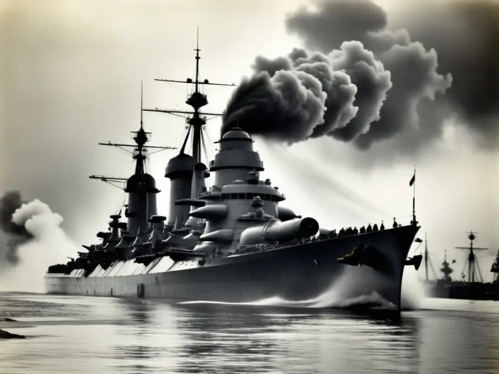 Imponente Bismarck emerge de la niebla Bismarck, imponente acorazado de la Segunda Guerra Mundial emerge en la niebla, mostrando su tamaño y poder