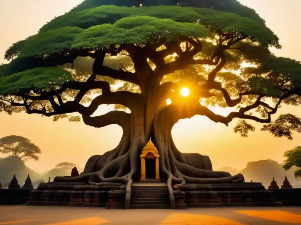 Imagen del majestuoso Bodhi Tree en Bodh Gaya, India, donde el Príncipe Siddhartha Gautama alcanzó la iluminación, rodeado de peregrinos meditando