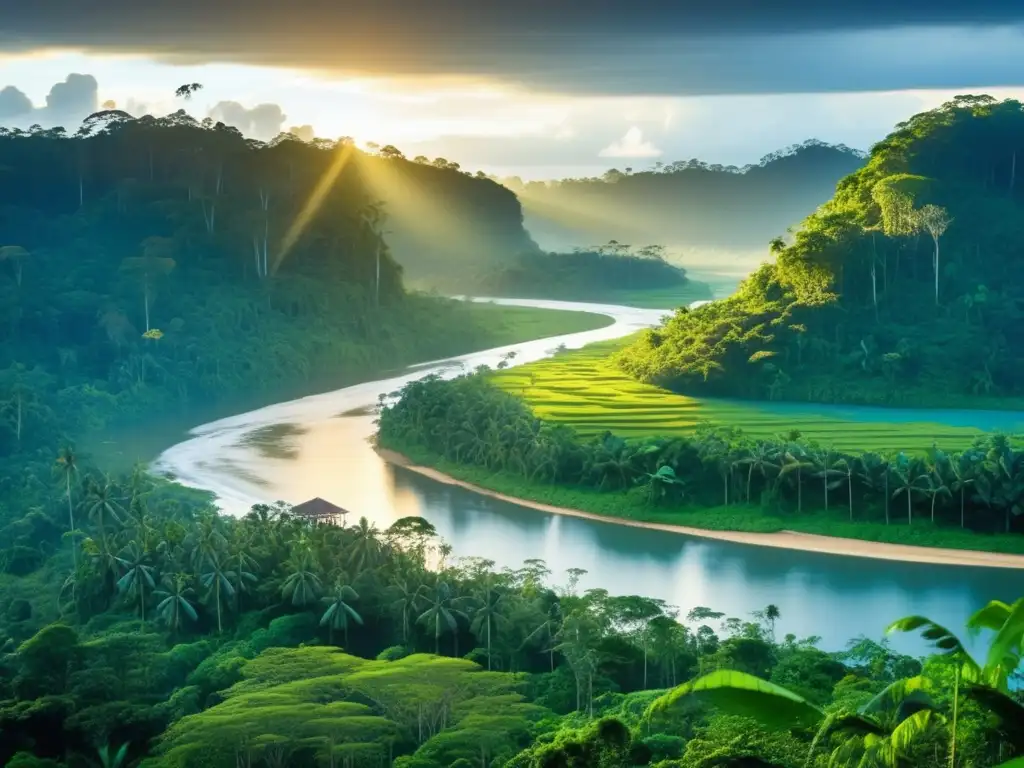 Descubrimiento de Borneo: paisaje tropical exuberante, densa selva, río serpenteante, casa tradicional, belleza inexplorada