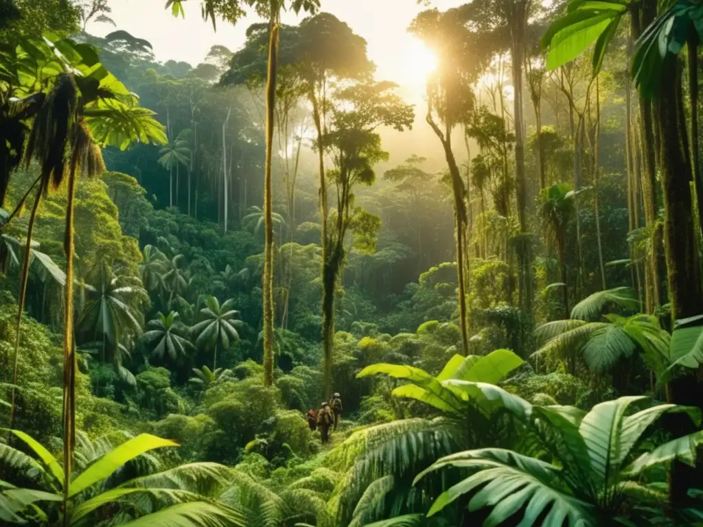 La historia no contada del descubrimiento de Borneo: exploradores en una exuberante jungla, con sombras y luz dorada filtrándose a través del dosel