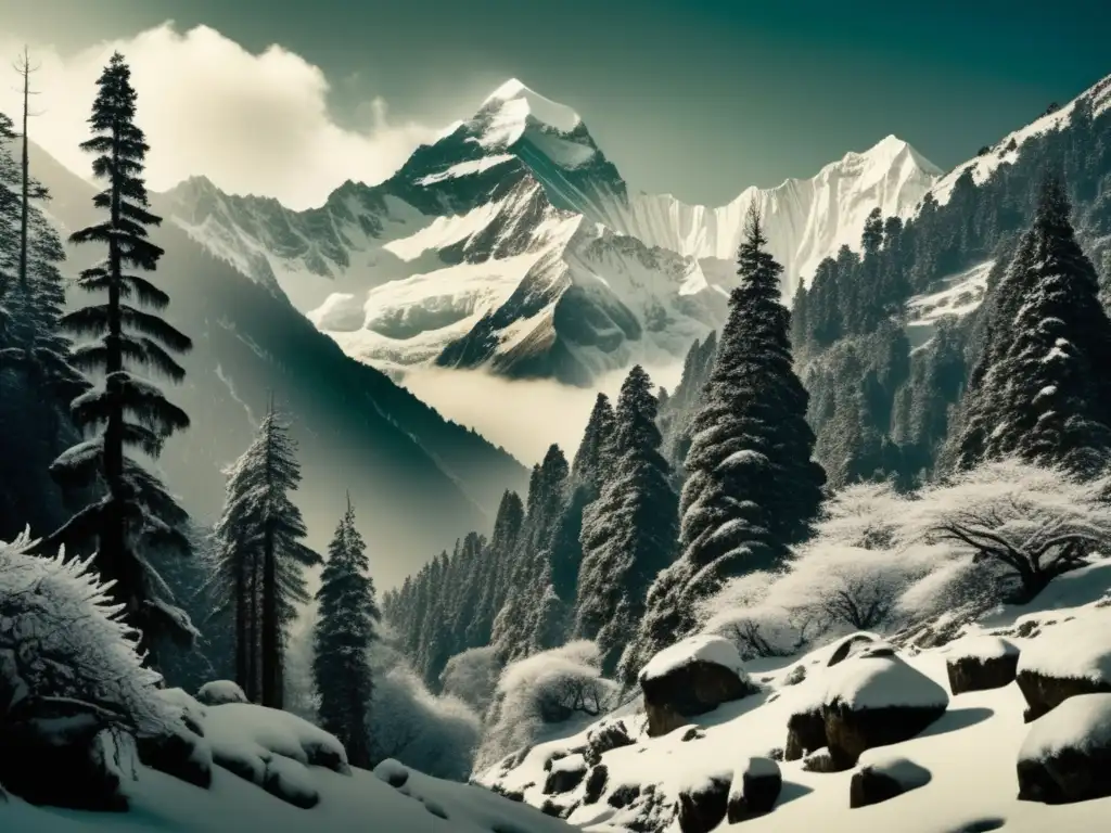 Un bosque nevado en el Himalaya con un paisaje montañoso y árboles antiguos, envuelto en niebla y con las cumbres del Himalaya al fondo