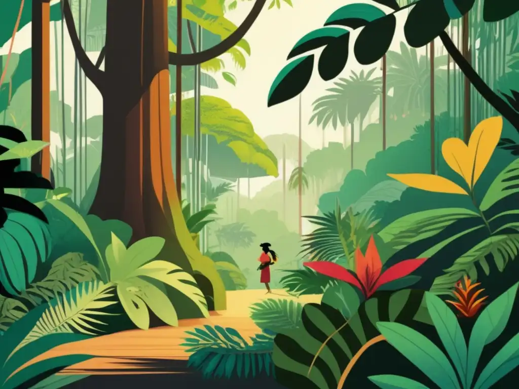 Ilustración vintage de una exuberante selva tropical con diversidad botánica