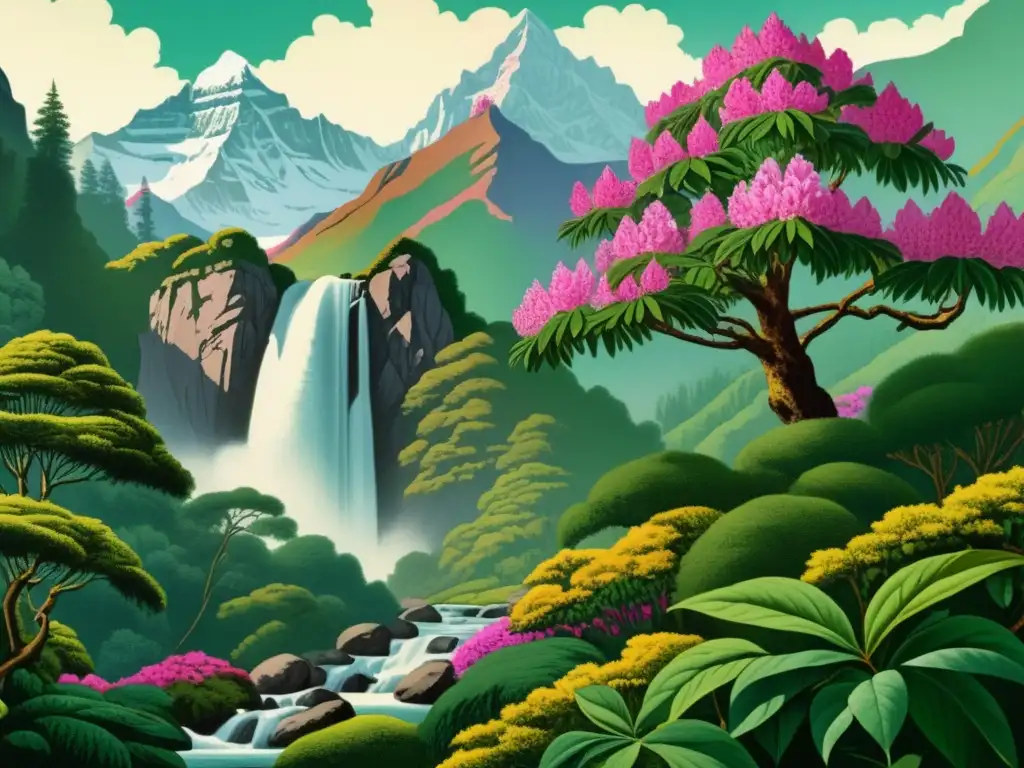 Descubre flora y encanto en los Himalayas: ilustración botánica vintage con detalles 8k, cascada y pueblo tradicional