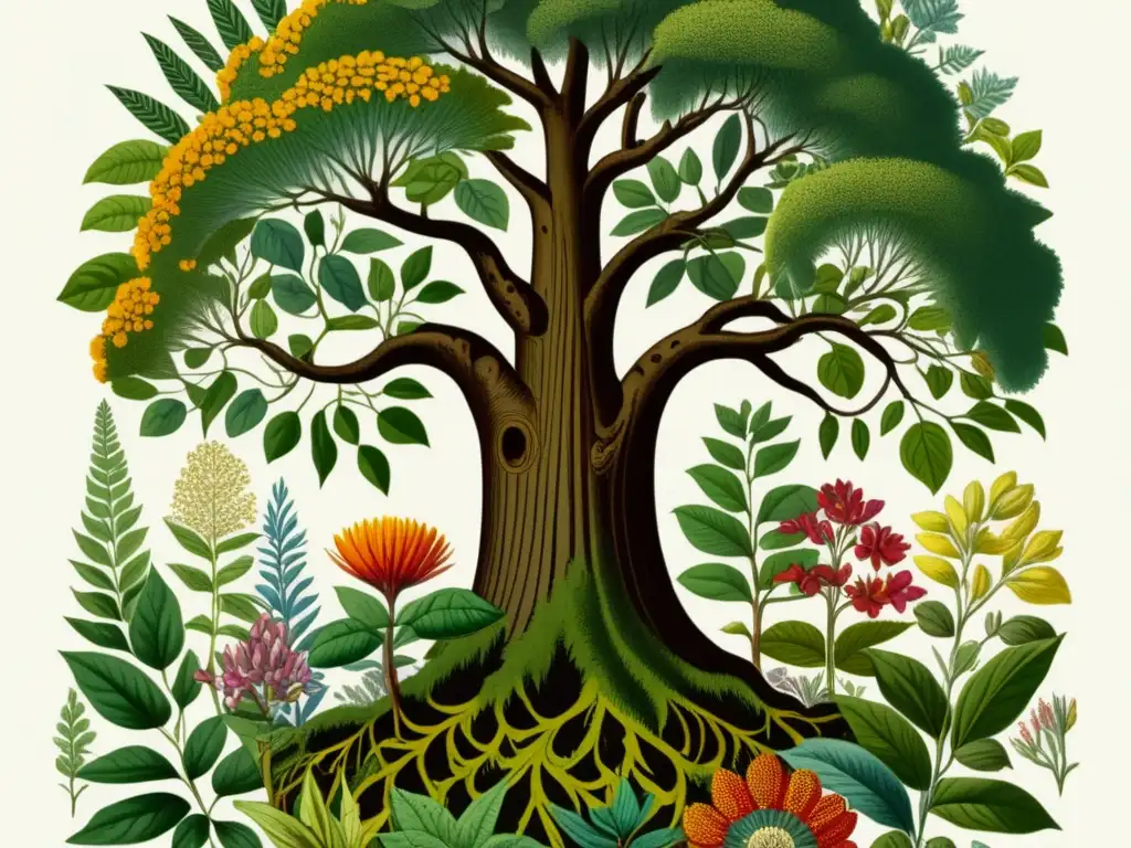 Ilustración vintage de conocimientos botánicos indígenas con detalles intrincados de plantas y flores