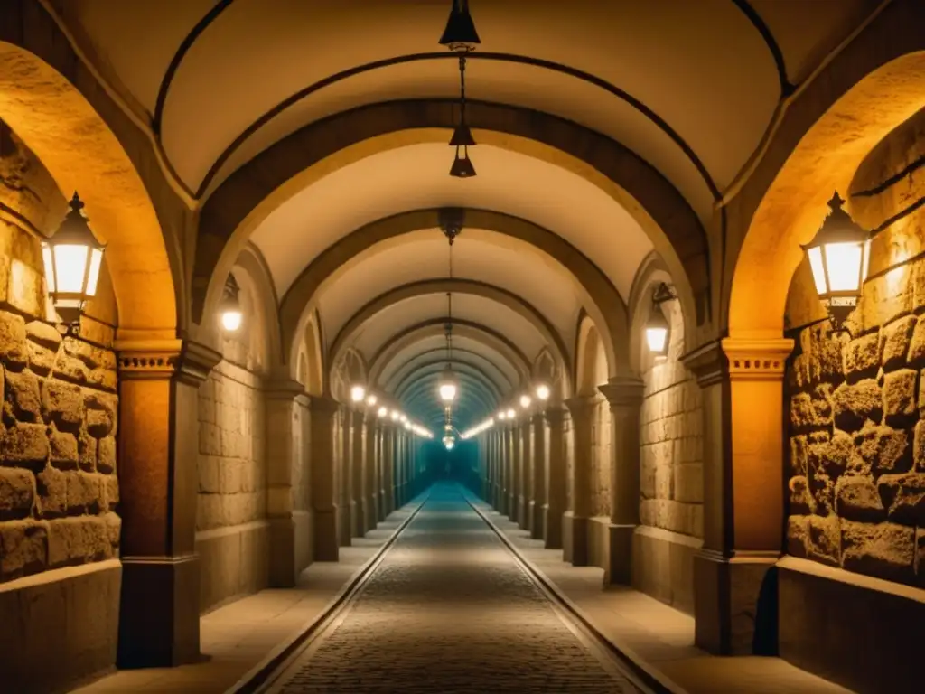 Ciudad subterránea de Budapest: túnel antiguo, arcos de piedra, pilares tallados, lámparas de gas, arquitectura gótica y renacentista, misterio y fascinación