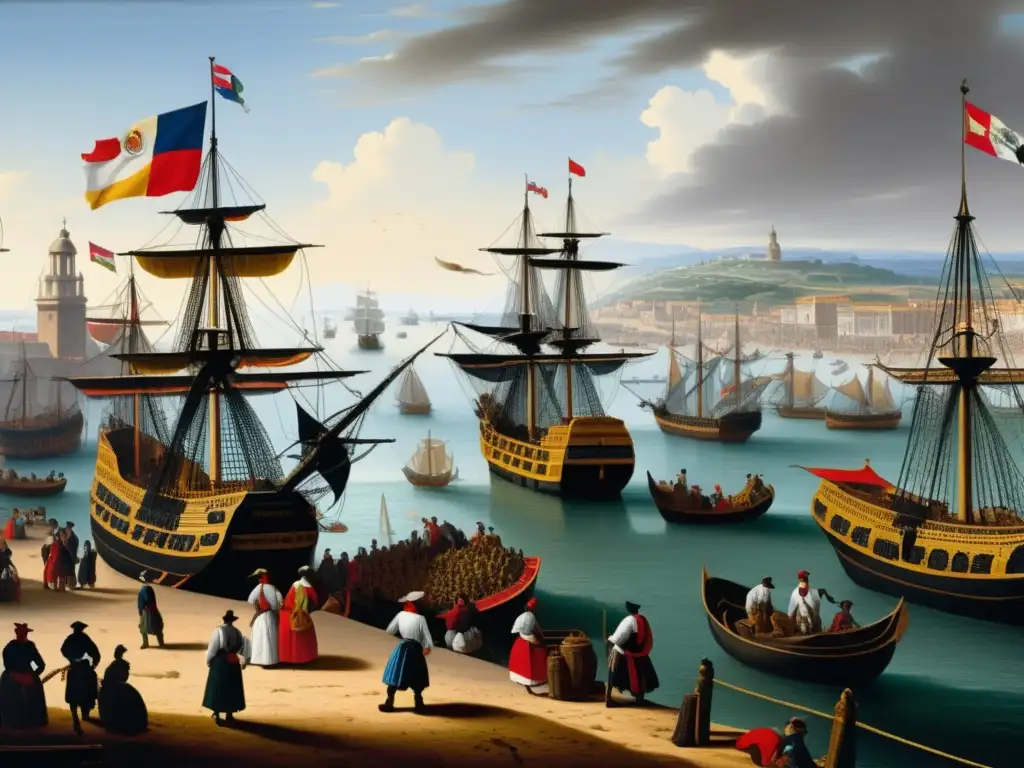 Escena portuaria del siglo XVII con barcos, mercaderes y competencia por las Indias Orientales