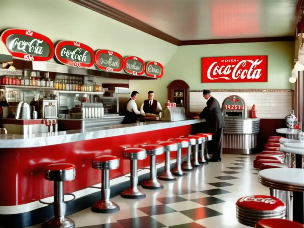 Interior de tienda de refrescos vintage CocaCola, con mostrador de mármol, anuncios retro y historia de CocaCola