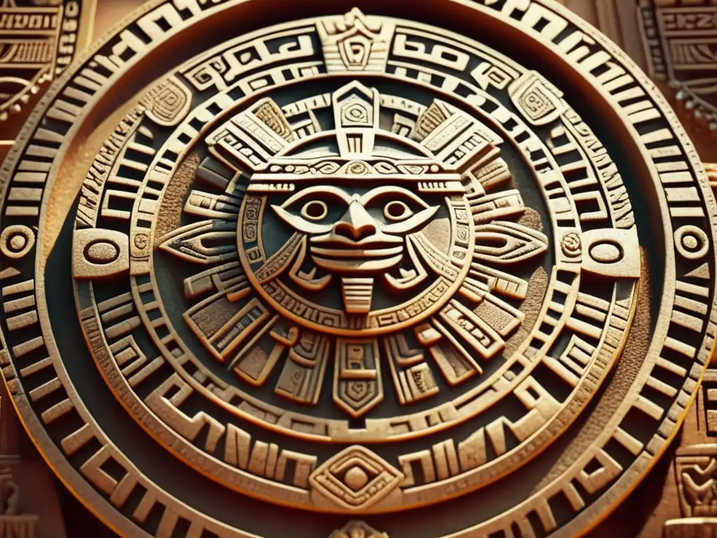 Calendario Azteca, antiguo y detallado artefacto circular con diseño solar y símbolos que representan días, meses y años en el calendario azteca