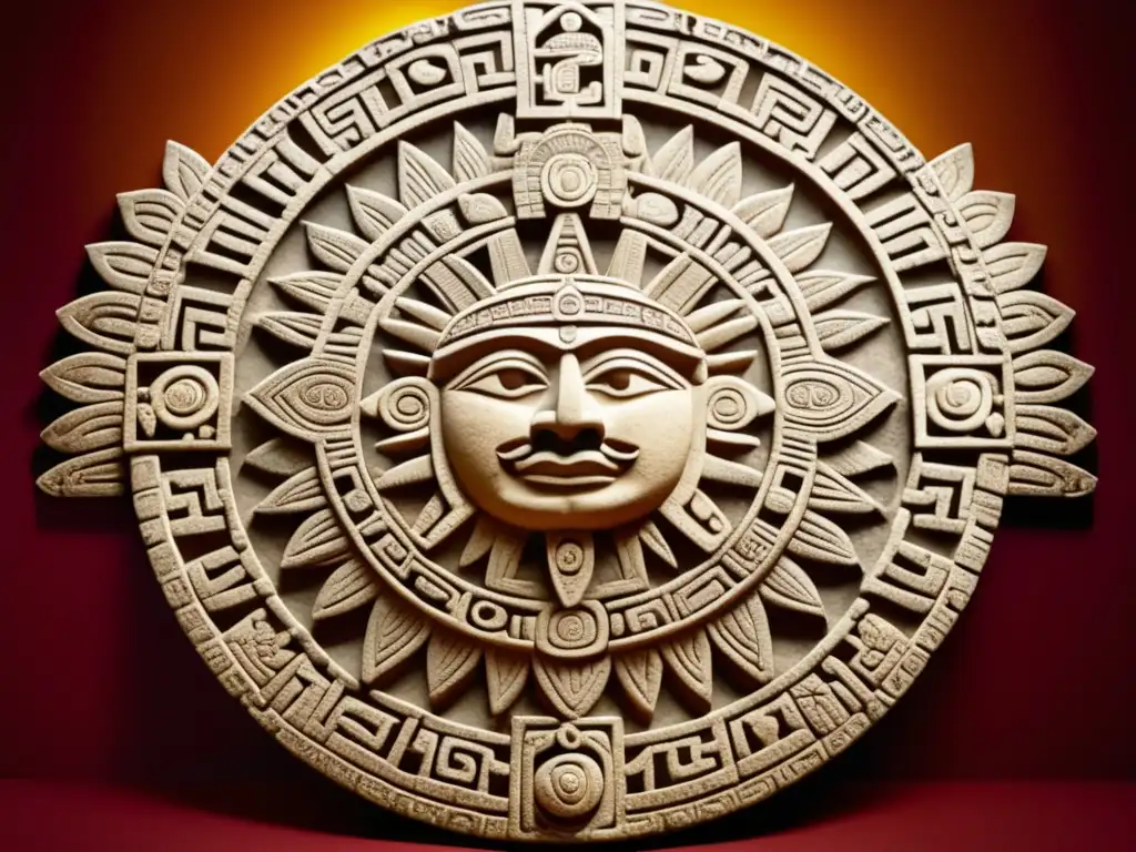 Calendario Azteca antiguo con símbolos celestiales y terrenales, evocando misterios y religión